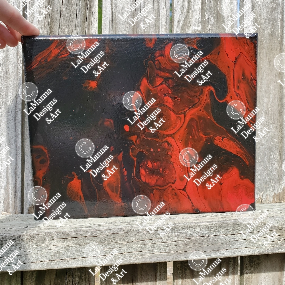 Abstract fluid Art, 8x10 red and black pour painting artwork on canvas